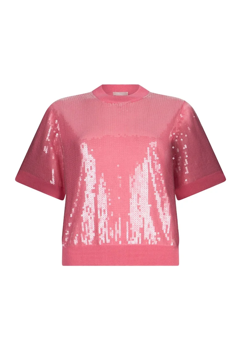 Tricou cu decolteu la baza gatului si paiete, Roz
