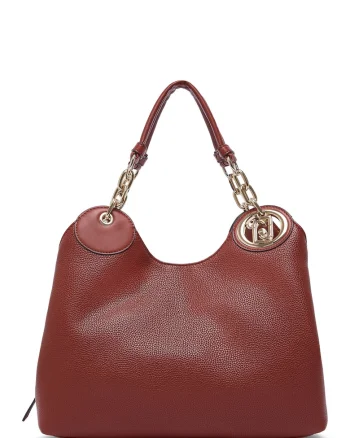 Geanta shopper de piele ecologica cu aspect granulat, Maro cognac melange