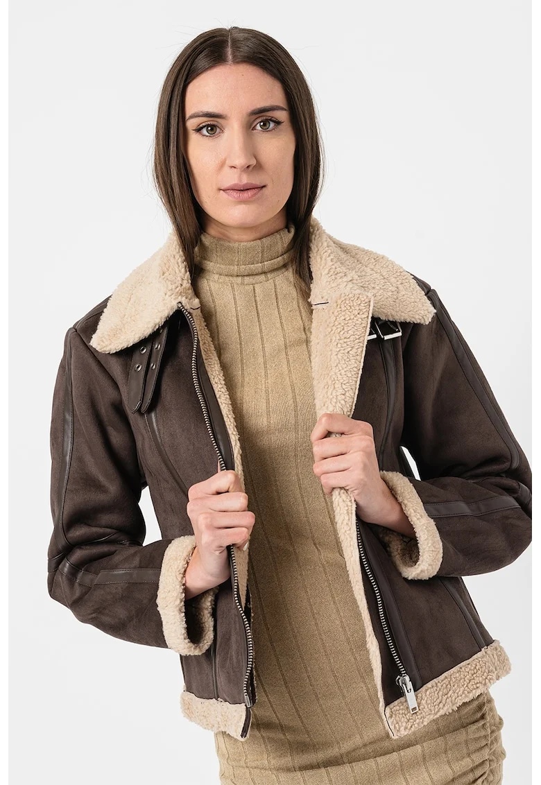 Jacheta cu captuseala de blana shearling sintetica Merlin, Maro inchis