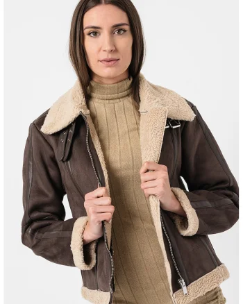Jacheta cu captuseala de blana shearling sintetica Merlin, Maro inchis