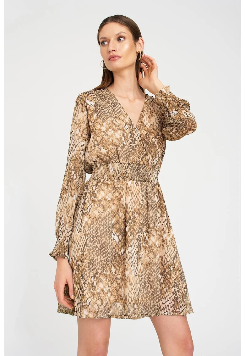 Rochie cu decolteu in V si animal print, Maro camel