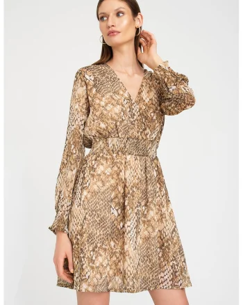 Rochie cu decolteu in V si animal print, Maro camel