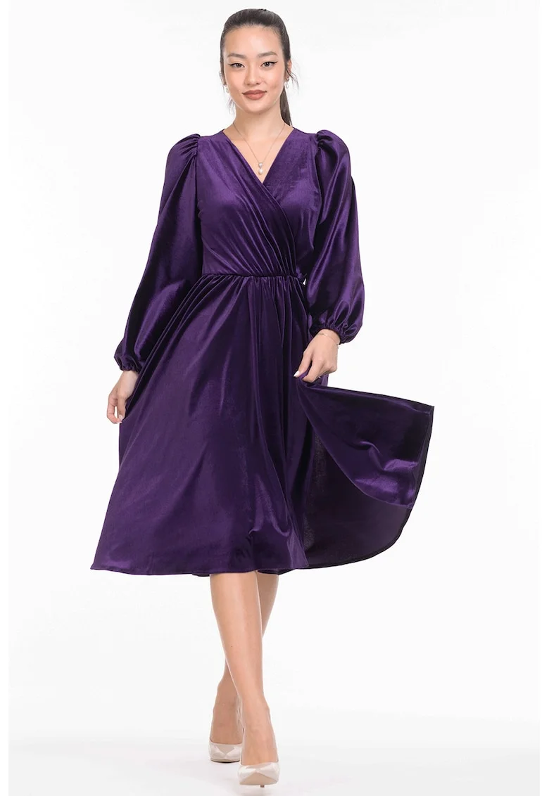 Rochie midi evazata cu aspect de catifea, Mov inchis