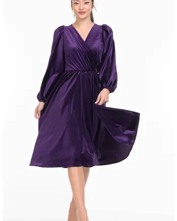 Rochie midi evazata cu aspect de catifea, Mov inchis