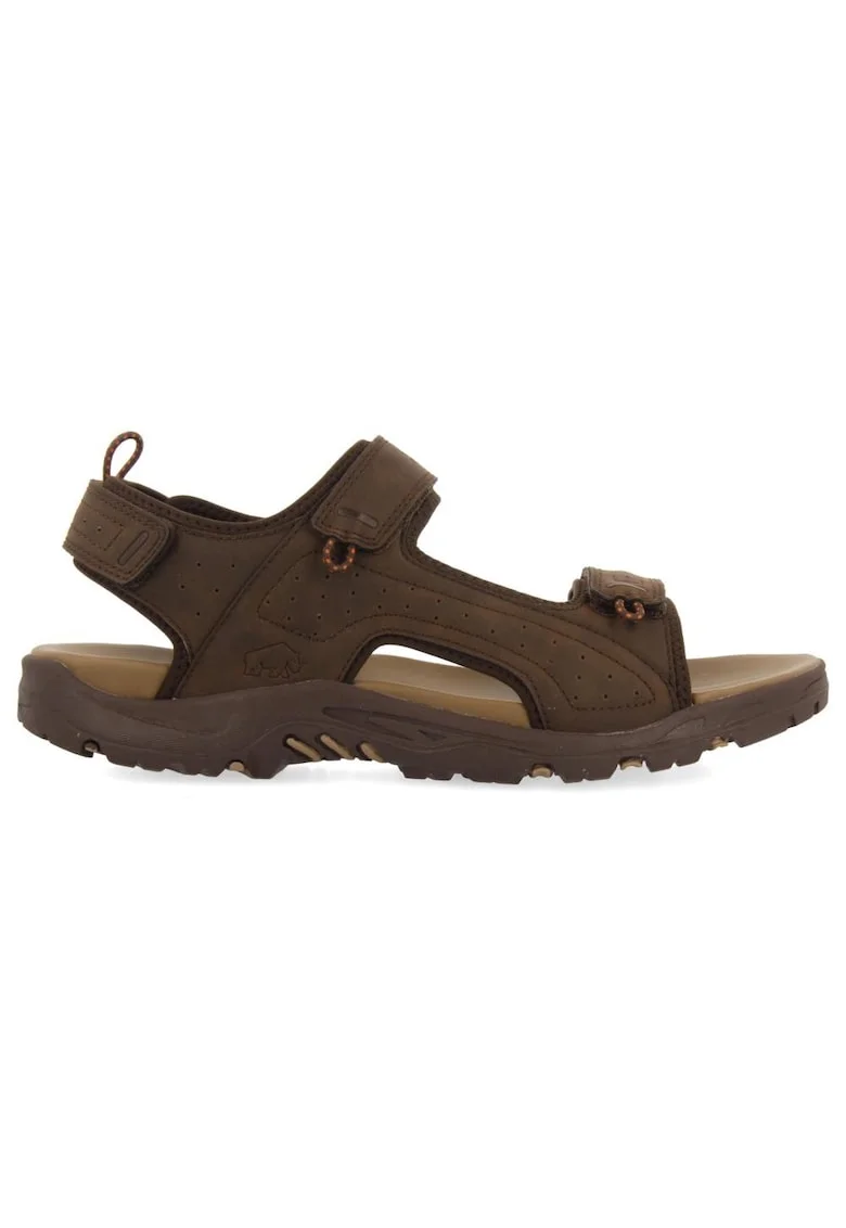 Sandale de piele ecologica si material textil cu velcro, Maro inchis