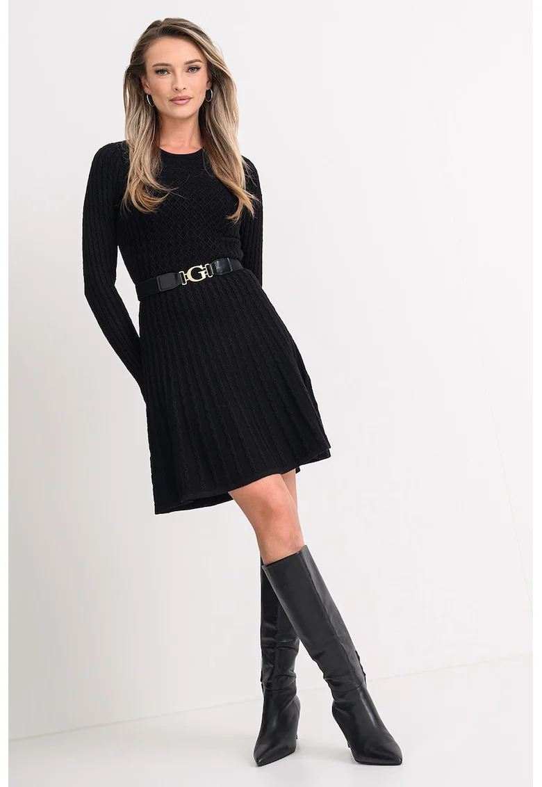 Rochie evazata tricotata cu o curea in talie, Negru