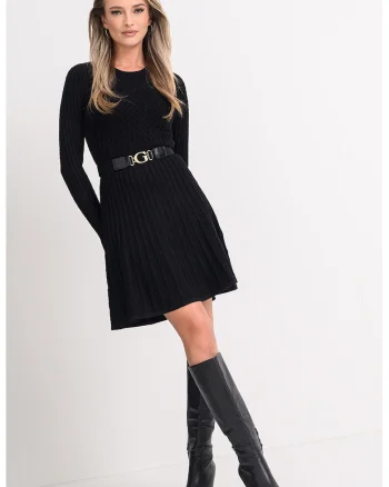 Rochie evazata tricotata cu o curea in talie, Negru