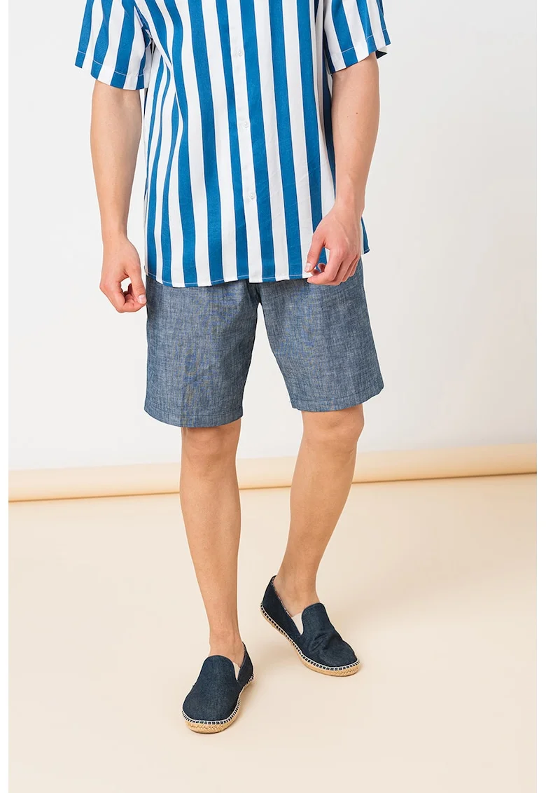 Pantaloni scurti de bumbac cu pliuri frontale, Albastru inchis