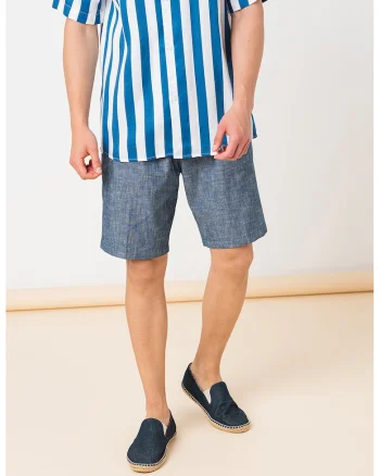 Pantaloni scurti de bumbac cu pliuri frontale, Albastru inchis