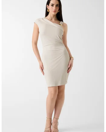 Rochie din amestec de modal cu decolteu pe un umar, Maro nisip