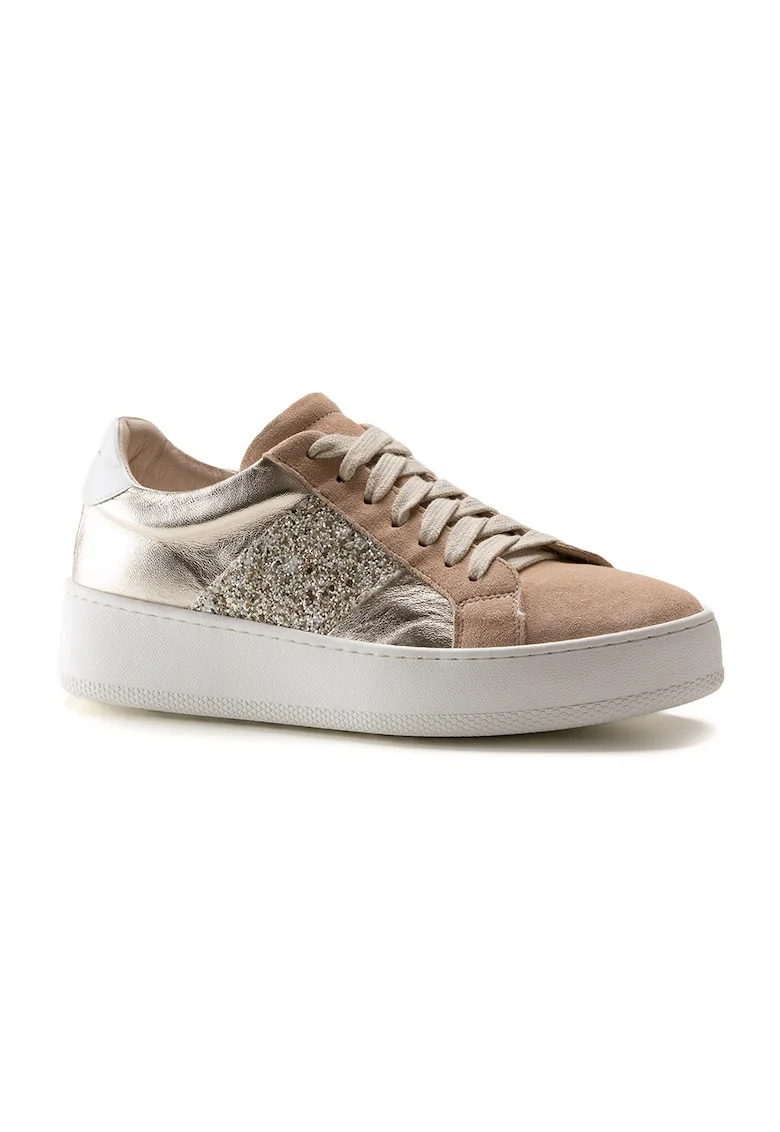 Pantofi sport de piele cu model colorblock, Auriu/Maro camel