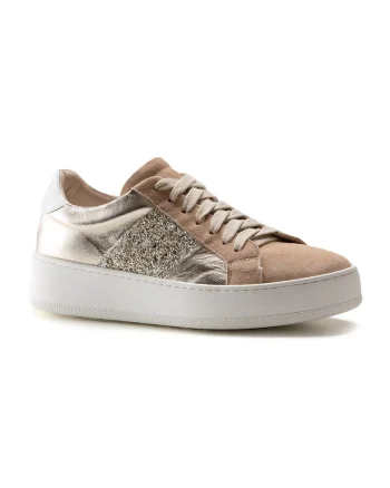 Pantofi sport de piele cu model colorblock, Auriu/Maro camel