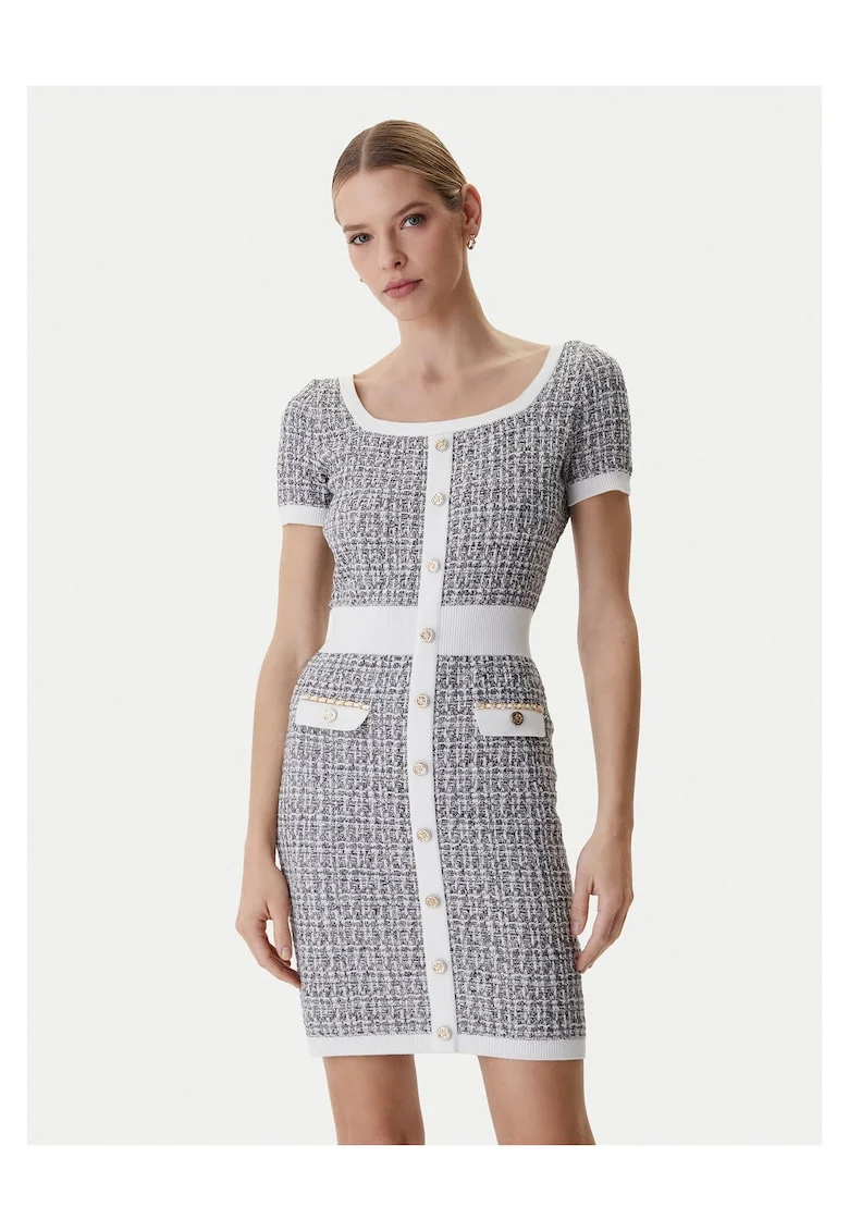 Rochie tricotata,  gri, 50% bumbac, 36% acril, 12% poliamida, 1% elastan, 1% fibra metalica