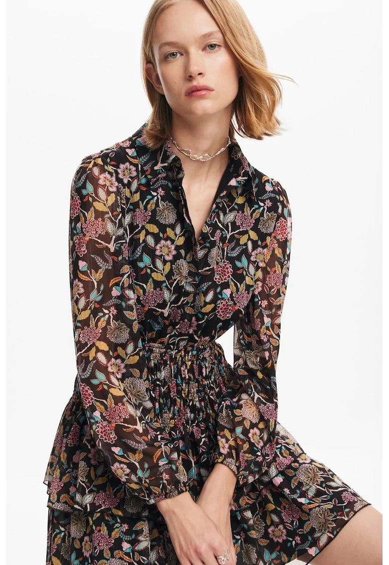 Rochie mini cu model floral, Albastru pastel/Maro inchis/Rosu inchis