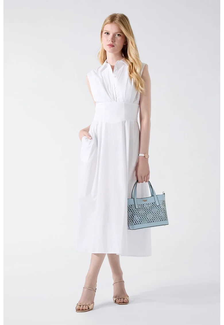 Rochie evazata din bumbac cu model uni, Alb