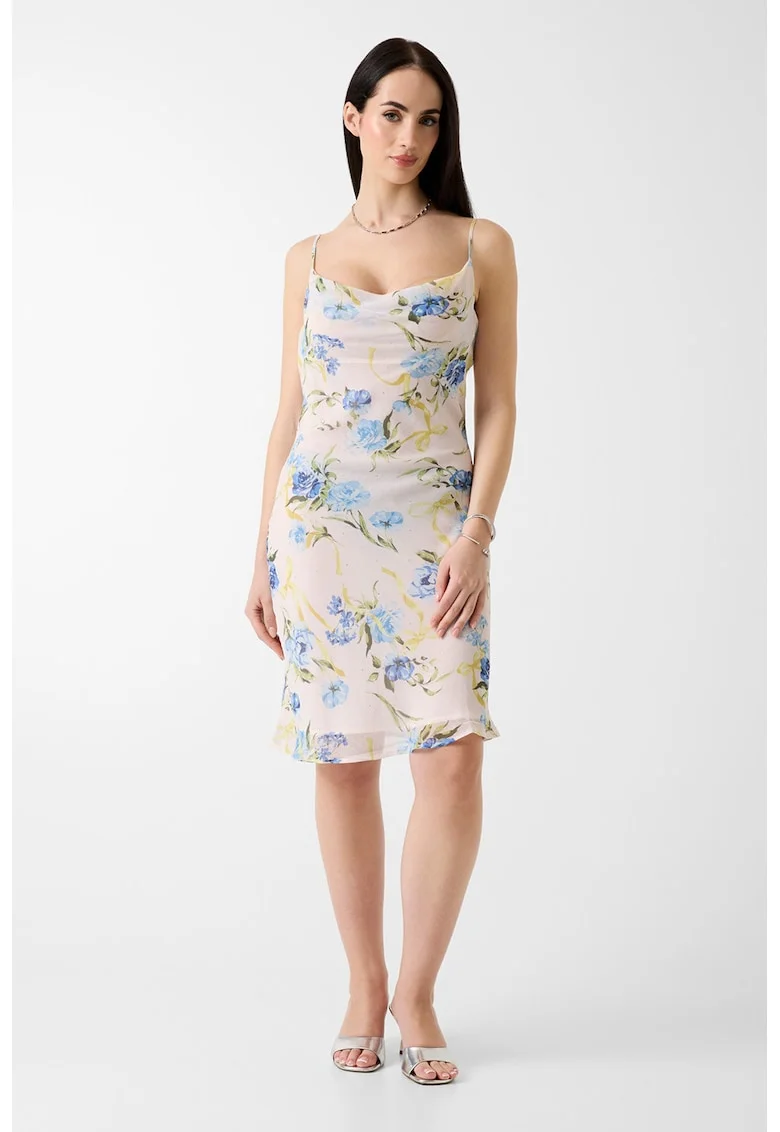 Rochie cu imprimeu floral si decolteu drapat, Albastru/Crem