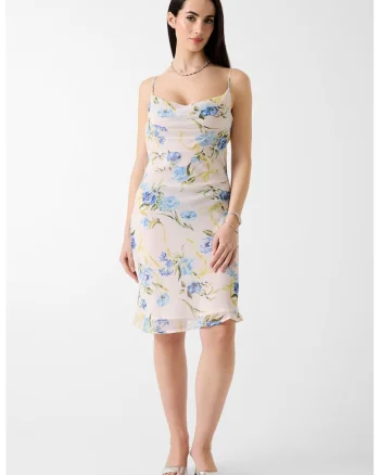 Rochie cu imprimeu floral si decolteu drapat, Albastru/Crem