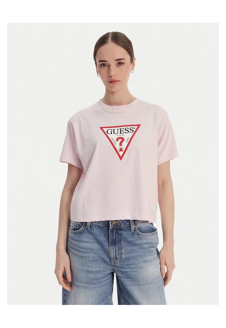 Tricou lejer din bumbac organic cu imprimeu logo pe piept, Roz