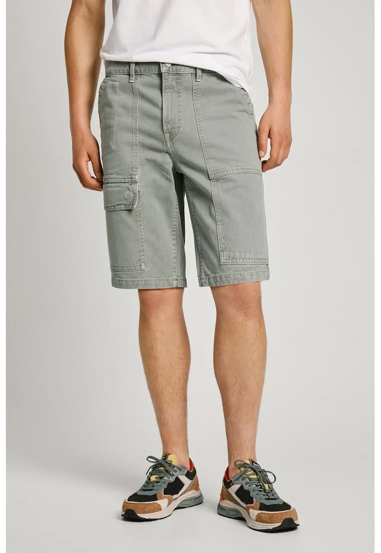 Bermude cargo relaxed fit din denim, Verde sparanghel