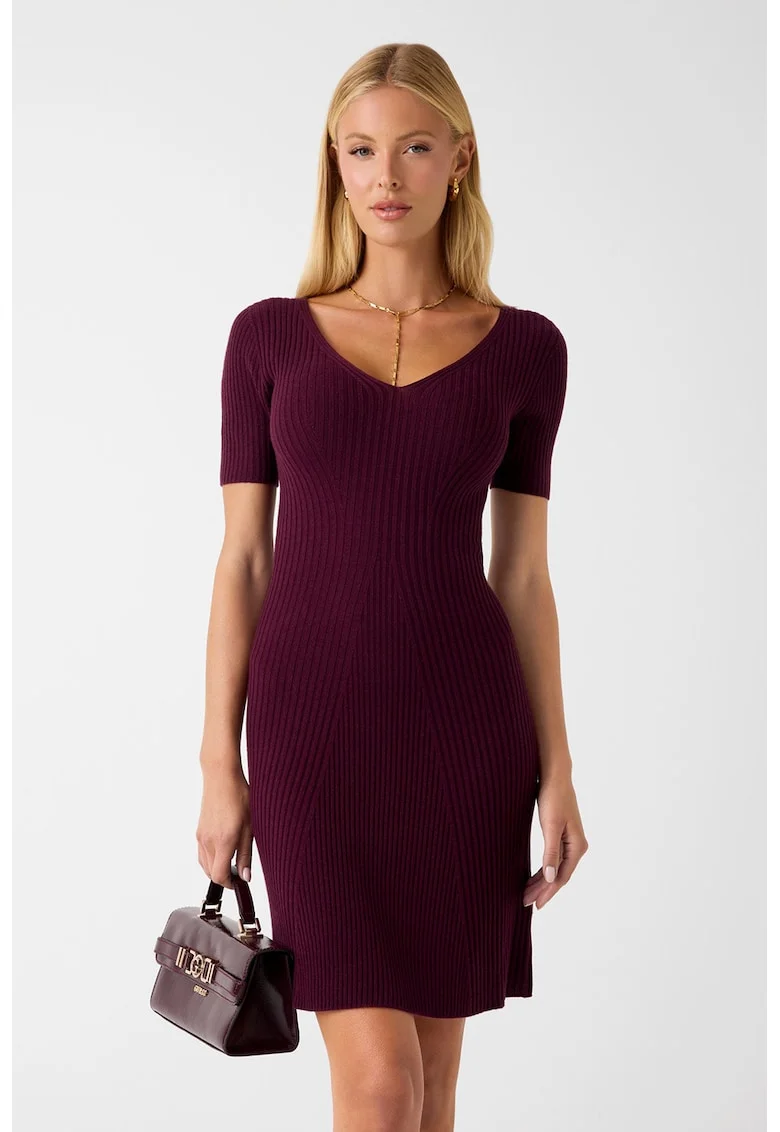 Rochie striata din amestec de modal cu decolteu in V, Violet tyrian