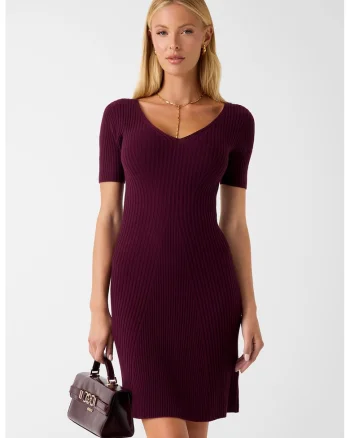 Rochie striata din amestec de modal cu decolteu in V, Violet tyrian