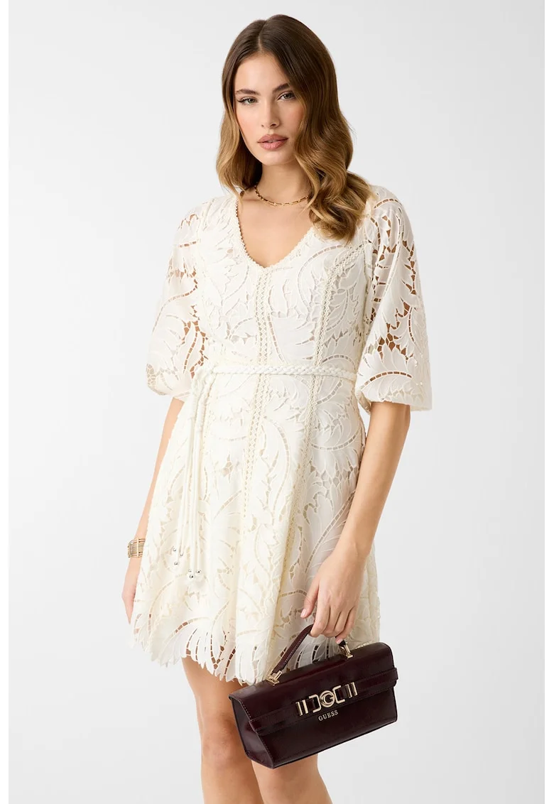 Rochie mini cu broderie si cordon in talie, Alb fildes