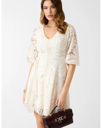 Rochie mini cu broderie si cordon in talie, Alb fildes