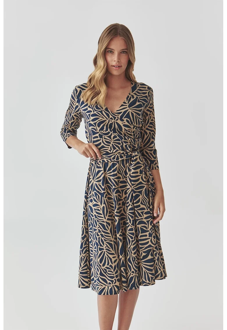 Rochie evazata cu model grafic, Albastru inchis/Maro camel