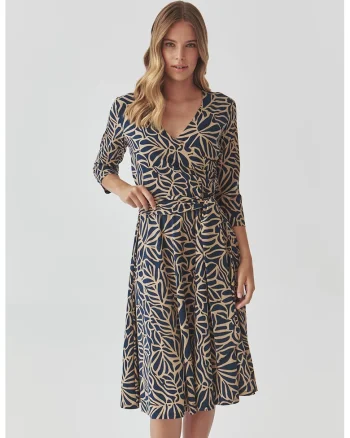 Rochie evazata cu model grafic, Albastru inchis/Maro camel