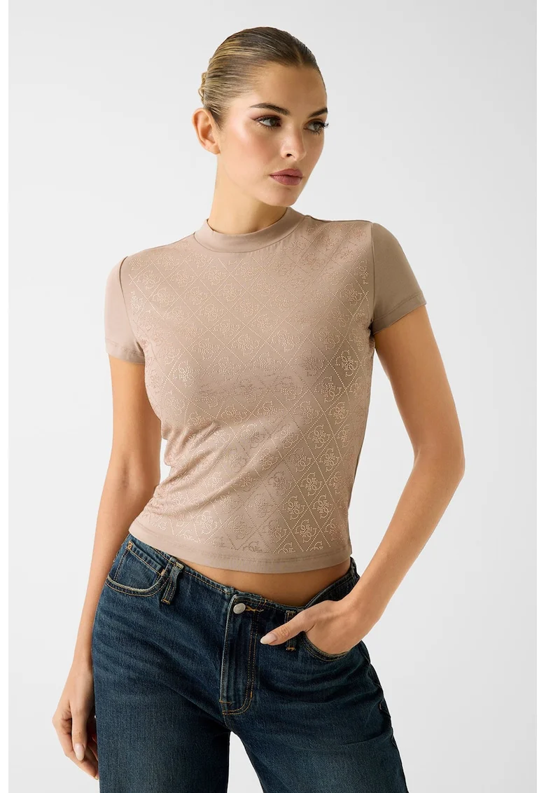 Tricou crop cu model monograma cu strasuri, Maro deschis