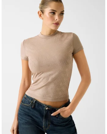 Tricou crop cu model monograma cu strasuri, Maro deschis