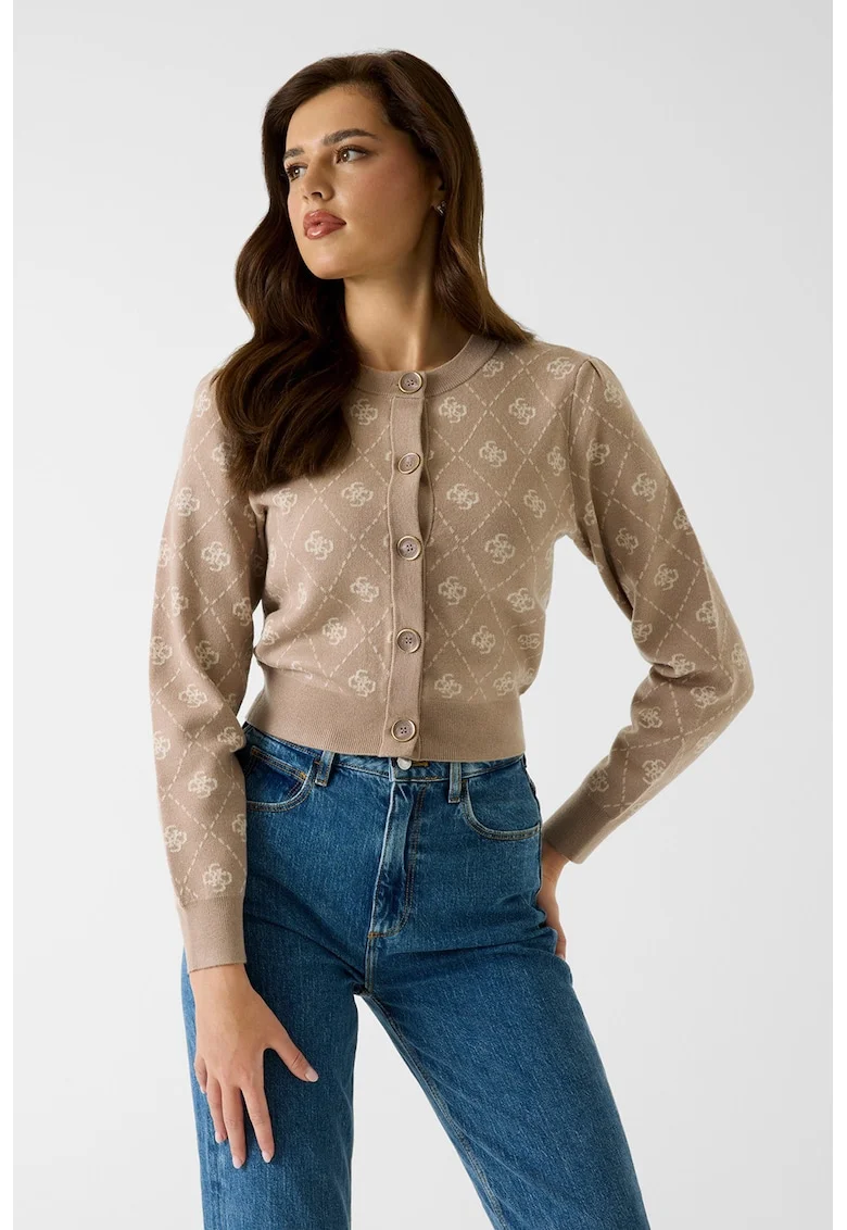 Cardigan crop din amestec de lana cu model monograma, Bej/Maro deschis