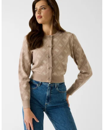 Cardigan crop din amestec de lana cu model monograma, Bej/Maro deschis