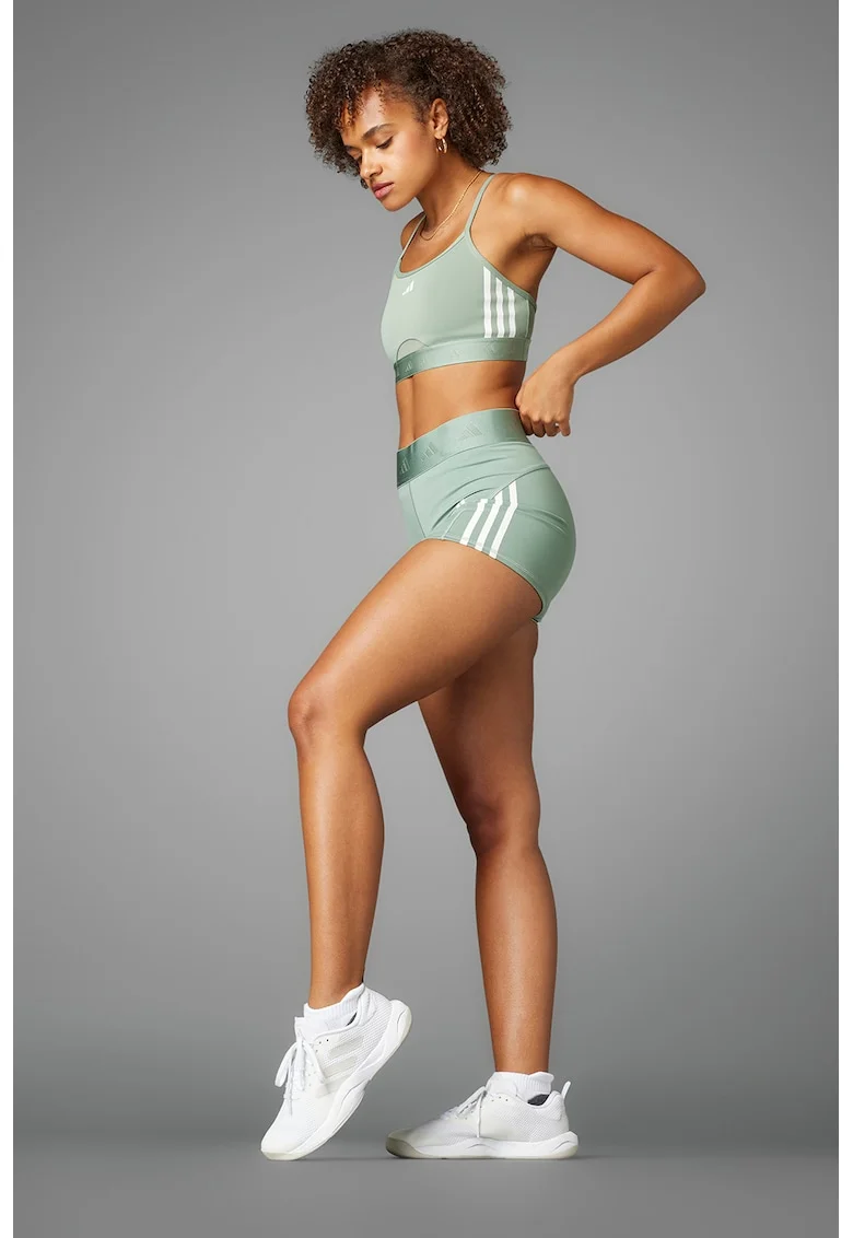 Pantaloni scurti cu talie inalta si logo pentru fitness, Alb optic/Verde sparanghel
