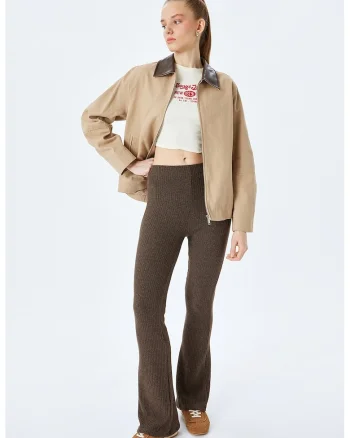 Pantaloni lungi cu model uni si croiala ampla, Maro inchis