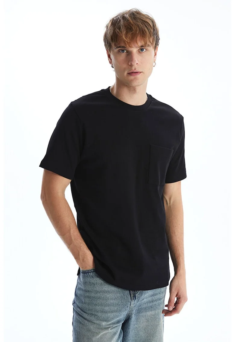 Tricou uni din bumbac cu buzunar aplicat pe piept, Negru