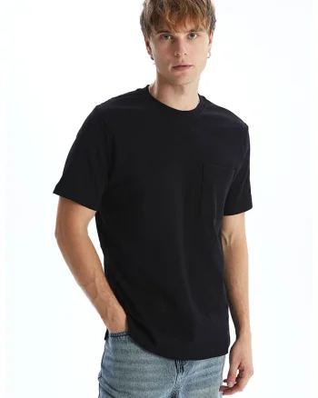 Tricou uni din bumbac cu buzunar aplicat pe piept, Negru