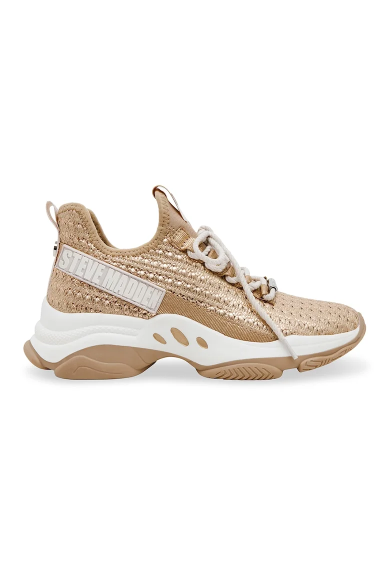 Pantofi sport cu talpa demi-wedge si aplicatii cu paiete, Maro inchis/Alb optic