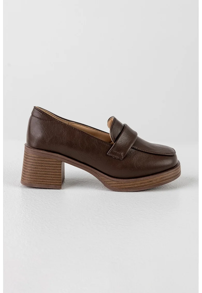 Pantofi loafer de piele ecologica cu toc, Maro inchis