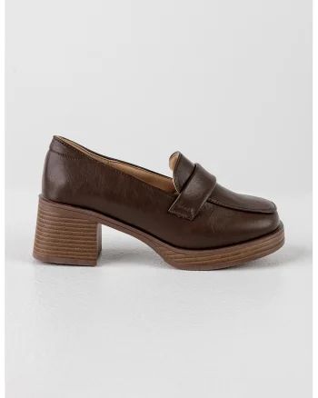Pantofi loafer de piele ecologica cu toc, Maro inchis