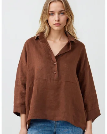 Bluza supradimensionata de in cu maneci 3/4, Maro inchis