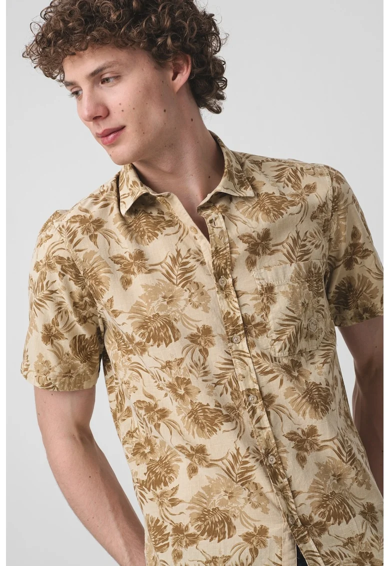 Camasa cu maneci scurte si imprimeu tropical, Maro camel