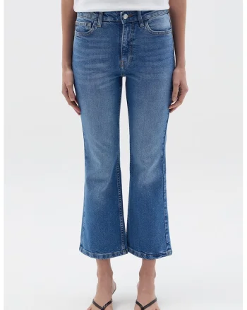 Blugi crop cu croiala kick-flared, Albastru petrol