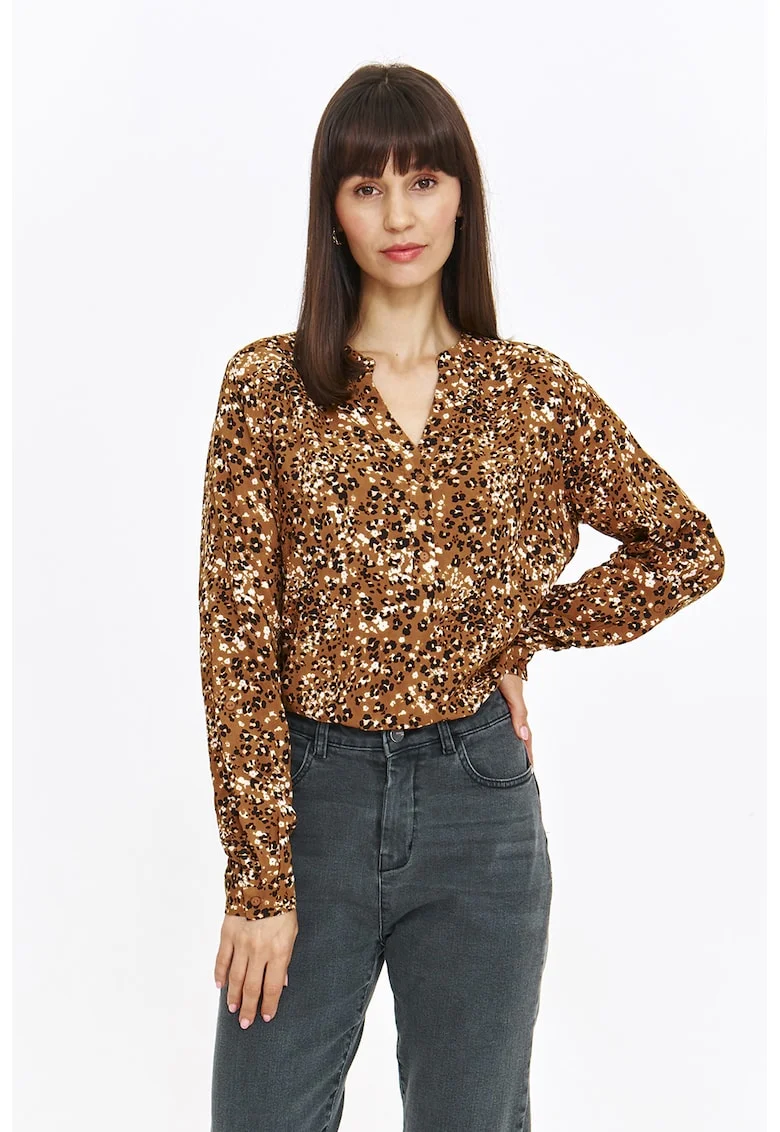 Bluza cu animal print si decolteu in V, Alb/Maro inchis
