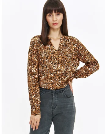 Bluza cu animal print si decolteu in V, Alb/Maro inchis