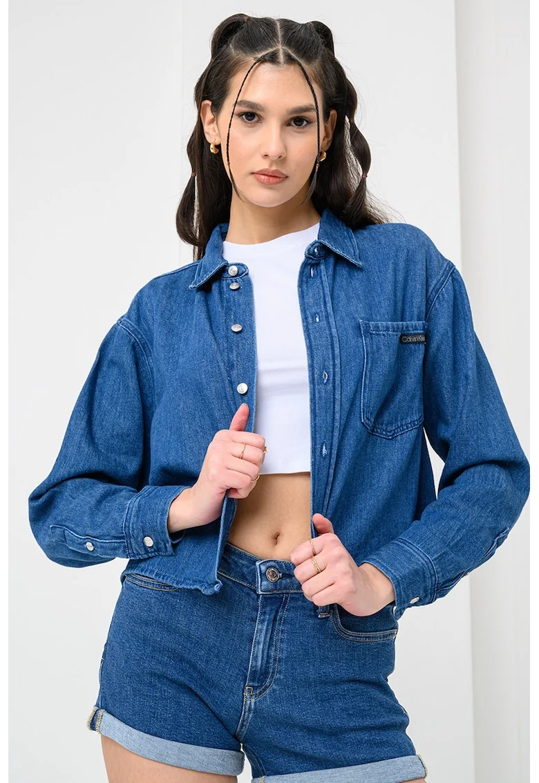 Camasa crop din denim cu buzunar pe piept