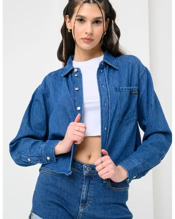 Camasa crop din denim cu buzunar pe piept