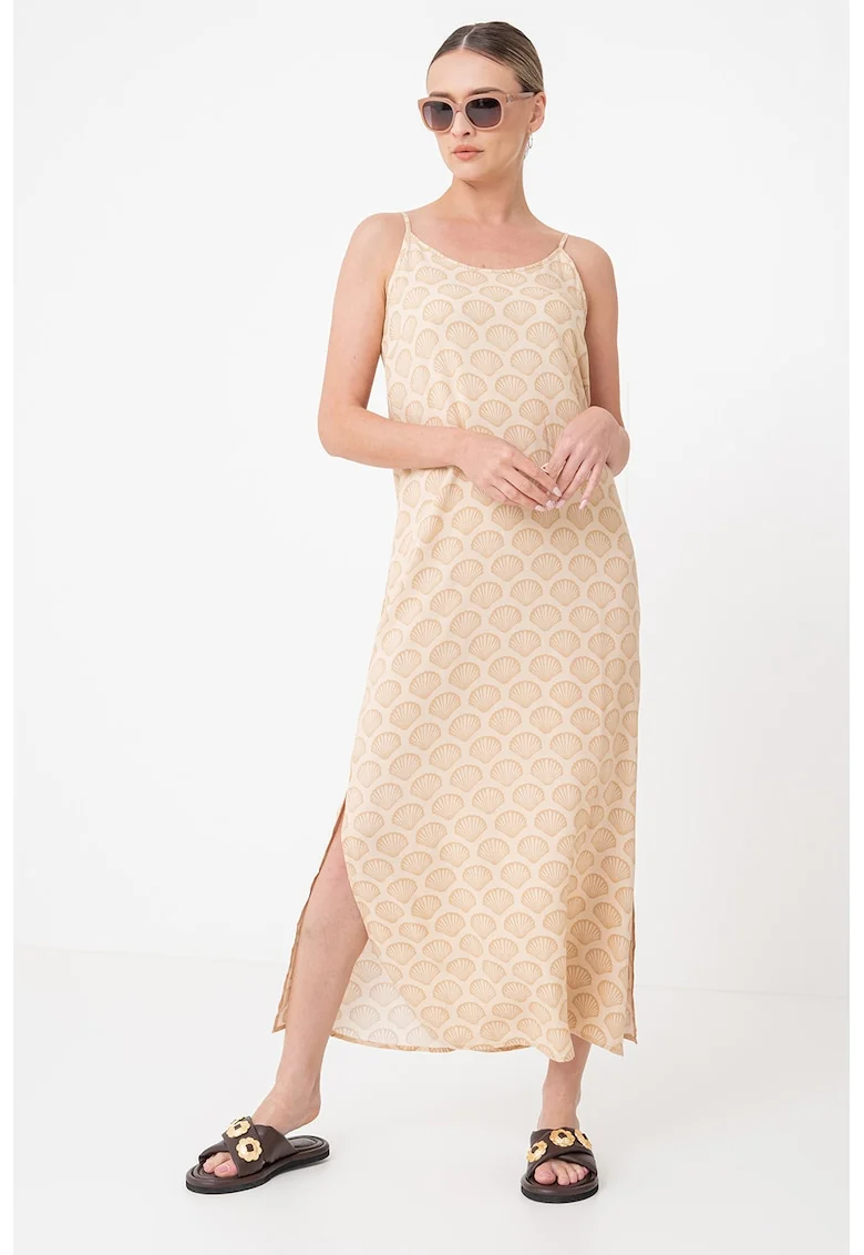 Rochie maxi cu model cu animal print, Maro camel