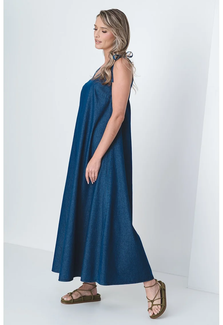 Rochie maxi de denim cu bretele cu prindere pe umeri, Albastru inchis