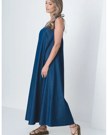 Rochie maxi de denim cu bretele cu prindere pe umeri, Albastru inchis